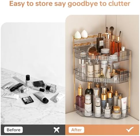 Corner Bathroom Counter Organizer with Makeup Brush Holder & Toothbrush Holders, Makeup Organizer for Vanity Countertop, Acrylic Skincare Storage Shelf (Grey, 3-Tier) - Image 3