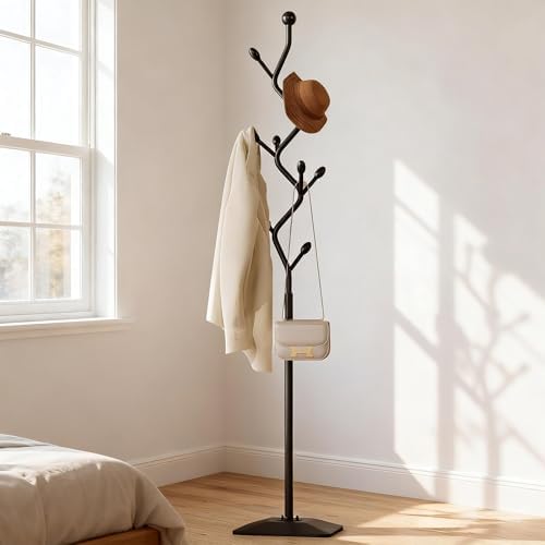 Tree-shaped coat rack stand,Metal coat tree with 8 Hooks and sturdy cast iron base,Heavy Duty coat rack freestanding coat hanger stand for Clothes Hats Scarfs Purses (black) by uniquefurnituremodernstyle