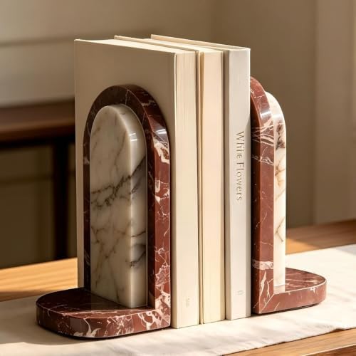 Marble Bookends for Heavy Books, Decorative Solid Natural Stone Book Ends Set of 2, Heavy Duty Book Holder for Shelves Desk Cookbook, Modern Minimalist Bookshelf Decor,Non-Slip Sculptural Book Stopper by Unknown