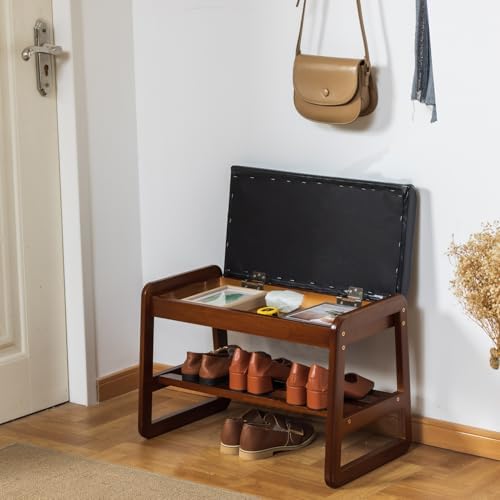 SOBIBO Solid Wood Shoe Rack Bench with Flip-Top Storage, Black, 21.65" - Image 2
