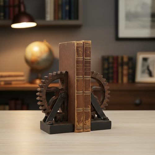 Braxio Decorative Bookends Industrial Gear - Set of 2 Steampunk Heavy Duty Non-Slip Book Supports for Shelves Desktop Book Ends for Office Library Desk Vintage Home Decor 4.7 x 3.5 x 7 Inch - Image 6