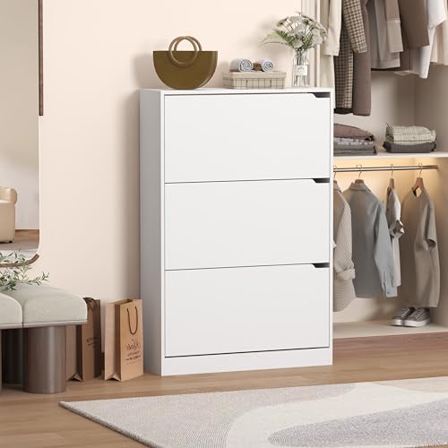 Wodeer Narrow White Shoe Cabinet for Entryway, Slim Shoe Storage Cabinet with 3 Flip Drawers, Hidden Wood Shoe Cabinet Storage, Freestanding Shoe Rack Organizer Foyer, Hallway - Image 5