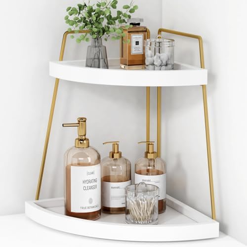 Forbena Corner Bathroom Counter Organizer, 2 Tier Bathroom Organizer Countertop, Small Bathroom Sink Top Trays Corner Shelf Stand for Makeup Vanity Perfume Skincare Decor Storage (White and Gold) by Forbena