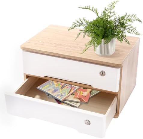 Lockable Desk Organizer Wooden Desktop Drawers Office Flat Files Storage Box Locking Countertop Storage Cabinet (Wood Color + White, 2-Tier) by Unknown