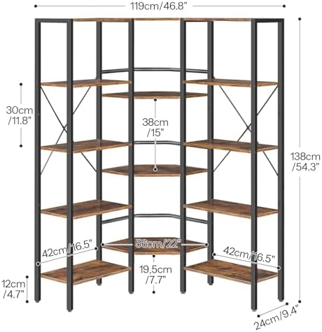 HOOBRO Industrial Corner Bookshelf, 5-Tier L-Shaped Bookcase, Open Display Storage Rack, Floor Standing Storage Shelf, for Living Room, Bedroom, Home Office, Rustic Brown and Black BF68SJ01 - Image 3