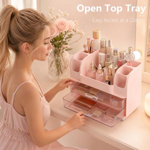 Makeup Organizer for Vanity with Brush Holder, Countertop Bathroom Cosmetic Organizer Skin Care Storage, Large Easy to Store Lipsticks, Nail Polishes, Perfumes, Eyeshadow Palettes (Pink) - Image 5