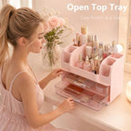 Makeup Organizer for Vanity with Brush Holder, Countertop Bathroom Cosmetic Organizer Skin Care Storage, Large Easy to Store Lipsticks, Nail Polishes, Perfumes, Eyeshadow Palettes (Pink) - Image 5