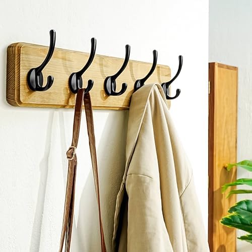 Dseap Coat Rack Wall: Patented, Heavy-Duty, 17.4" Long 5-Double-Hooks Wooden Wall Mounted Coat Rack Coat Hanger Hook Rail for Winter Coats Hat Jacket Clothing, Weathered Brown, Pack of 2 - Image 4