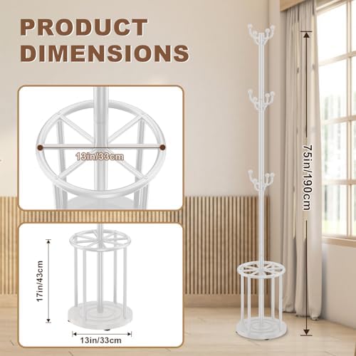 Coat Rack Freestanding, Coat Rack Stand with Umbrella Holder, Coat Tree, Coat Hanger Stand with 12 Hooks for Clothes Bag Hats, Used in Bedroom, Office, Living Room and Entryway-White - Image 2