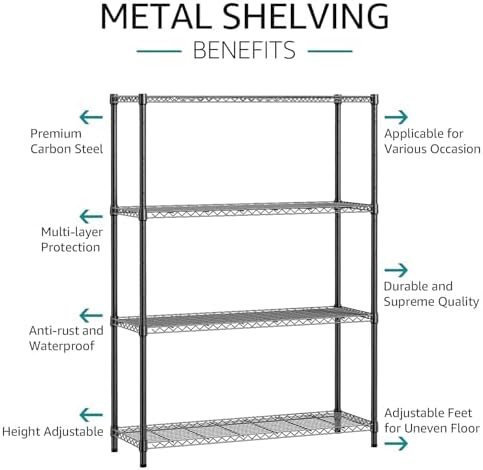 IZEUK 1400 LBS Garage Black Shelving Wide Storage Shelves 4 Tier Adjustable Heavy Duty Metal Wire Rack Standing Shelf Unit for Kitchen Office College Dorm Garage Warehouse 15.8" x 45.8"x 59.4" - Image 4