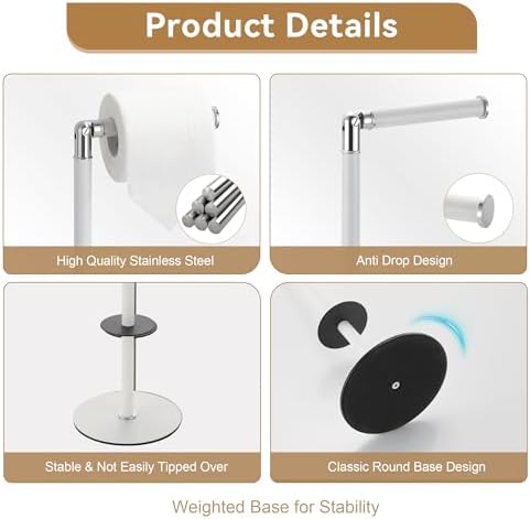BGL Freestanding Toilet Paper Holder, Tissue Holder On Floor with Reserve Storage Paper Rolls, Roll Paper Holder Standing On Floor (White) - Image 6