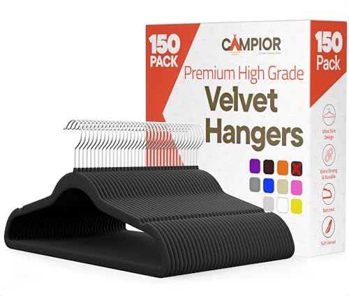Black Velvet Hangers 150 Pack – 360° Swivel Hook, Non-Slip and Space Saving Hangers, Heavy-Duty 11 lbs Weight Capacity - Smooth Velvet Finish for Crease-Free Clothes and Effortless Closet Organization by Campior