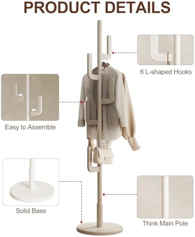 Muwuele Solid Wood Cactus Coat Rack, Freestanding Coat Rack With 6 L-Shaped Hooks and 3 Adjustable Sizes, Coat Tree for Bedroom, Entryway, Livingroom, Coat Hanger Stand for Coats, Handbags (White) - Image 6