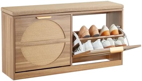 VEVOR Entryway Shoe Storage Bench 38.9" Wide 2-Tier Shoe Bench Rattan by VEVOR