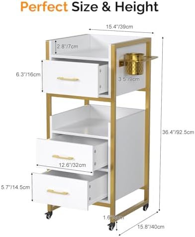 OmySalon Salon Trolley Cart, Hair Styling Station with 3 Drawers, 2 Open Shelf & Tool Holders, Mobile Barber Storage Cabinet Utility Trolley for Beauty Salon Spa,White - Image 5