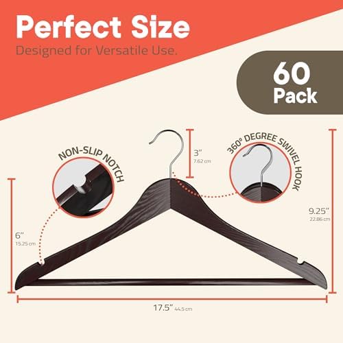 Cherry Wooden Hangers 60 Pack – Heavy-Duty with 360° Swivel Hook, Non-Slip, Pants Bar & Shoulder Grooves - Wooden Hangers for Suits, Jackets, Dresses & Camisoles, Space-Saving and Smooth Finish - Image 2