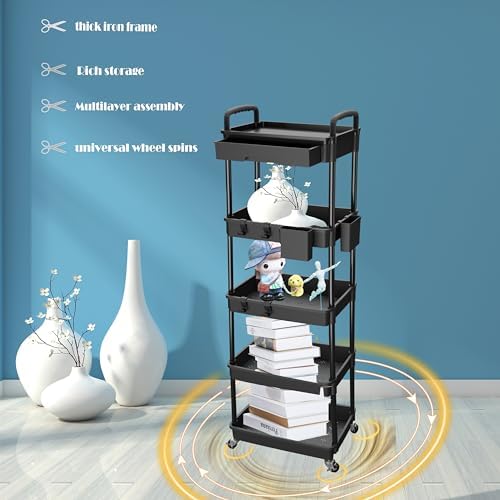 5 Tier Rolling Utility Cart with Drawer,REBECAT Utility Cart Made of Multifunctional Storage Organizer Tool for Kitchen,Bathroom,Living Room,Office(Black) - Image 3