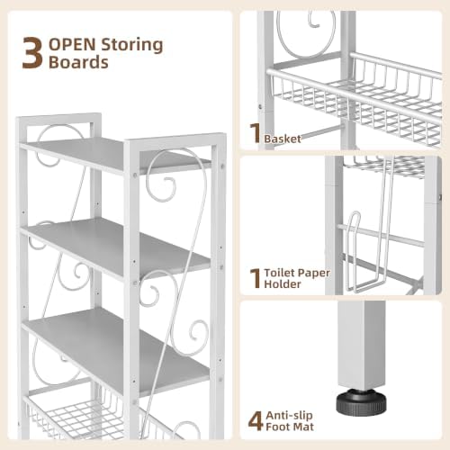 Over-The-Toilet Storage Rack 4-Tier,Bathroom Organizer Shelf Over Toilet,Adjustable Wooden Shelves and Basket,Freestanding Above Toilet Shelve,Space Saver for Rooms(White Rack-White Shelves) - Image 6