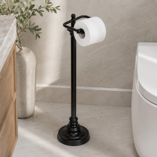 Trongee Toilet Paper Holder Stand, Freestanding Toilet Paper Holder with Weighted Base, Black Metal Toilet Paper Stand with Spring-Loaded Roll Bar, Fits Regular, Double & Mega Rolls for Bathroom by Trongee