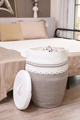 26"x20" Extra Large Tall Woven Laundry Basket with Lid, Cotton Rope Blanket Storage Basket, Freestanding Decorative Bin for Bedroom Living Room, Cream & Camel Marl - Image 4