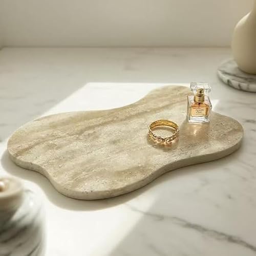 Cloud Shaped Travertine Vanity Tray, 13.3 x 8.3 Inch Natural Stone Decorative Catchall Tray for Bathroom Countertop, Beige Marble Jewelry Dish Perfume Tray for Coffee Table Dresser Nightstand - Image 3