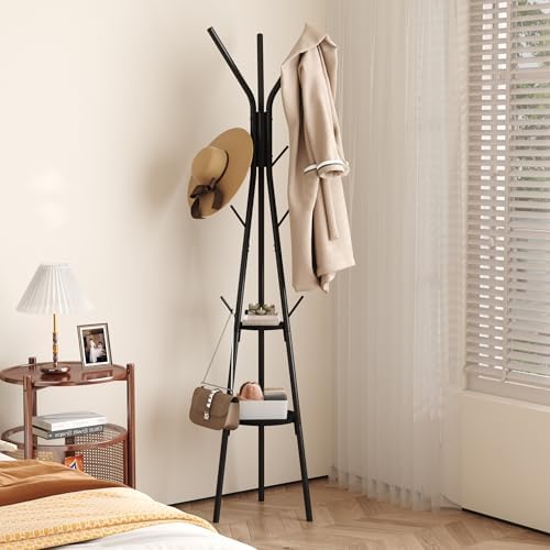 HOMEFORT Coat Rack, Coat Hanger Stand with 2 Shelves, Freestanding Hall Tree, Metal Hat Hanger with 12 Hooks for Clothes Hats and Scarves (Black) - Image 6