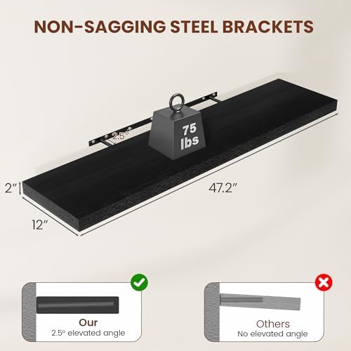 Vivelove Deep Floating Shelves 48x12” Set of 2, Black - Image 3