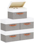 5 Pack Storage Bins with Lids, Linen Foldable Collapsible Boxes, 15 x 9.8 x 9.8 Inch Storage Baskets with Handles for Shelves, White and Grey by YheenLf