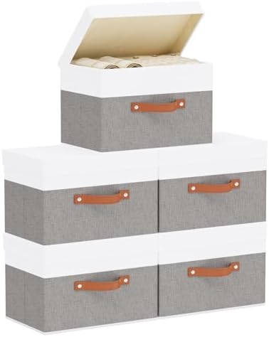 5 Pack Storage Bins with Lids, Linen Foldable Collapsible Boxes, 15 x 9.8 x 9.8 Inch Storage Baskets with Handles for Shelves, White and Grey by YheenLf