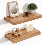 Floating Shelves for Wall Decor, Rustic Solid Elm Wood Live Edge Floating Shelves Wall Mounted, Wall Shelves with Invisible Bracket for Living Room Bathroom Bedroom Kitchen, 16 Inch Set of 2, Natural by FLYJOE