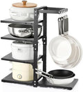 4-Tier Pot and Pan Organizer Rack, Adjustable Kitchen Cabinet Storage with Hooks, Black Metal, Space-Saving Cookware Holder by CASONNIK