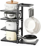 4-Tier Pot and Pan Organizer Rack, Adjustable Kitchen Cabinet Storage with Hooks, Black Metal, Space-Saving Cookware Holder by CASONNIK