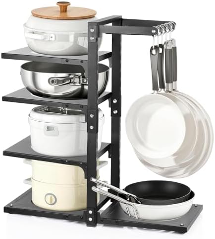 4-Tier Pot and Pan Organizer Rack, Adjustable Kitchen Cabinet Storage with Hooks, Black Metal, Space-Saving Cookware Holder by CASONNIK