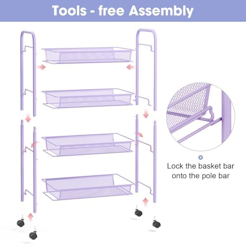 TOOLF 4 Tier Rolling Cart, Metal Utility Storage Cart with Wheels, Purple - Image 5