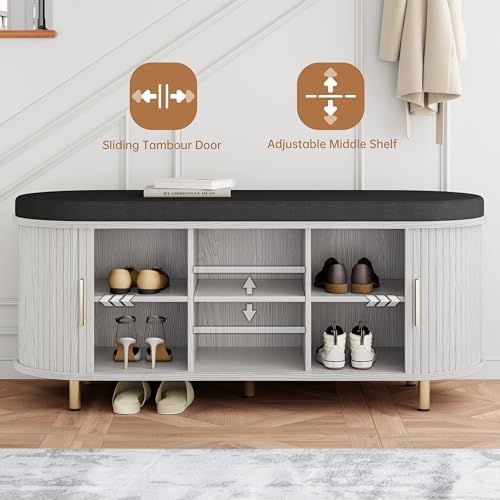 DHH 2-Tier Storage Bench,Wide Shoe Bench with Thickened Padded Seat Cushion, Mid Century Modern Fluted Sliding Door and Adjustable Shelf, for Entryway, Living Room, Bedroom (Grayish White, 43.3“) - Image 5