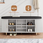 DHH 2-Tier Storage Bench,Wide Shoe Bench with Thickened Padded Seat Cushion, Mid Century Modern Fluted Sliding Door and Adjustable Shelf, for Entryway, Living Room, Bedroom (Grayish White, 43.3“) - Image 5