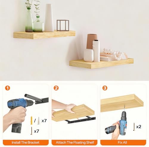 HOOBRO Floating Shelves for Wall, Wall Mounted Shelf Set of 2, 15.7" Hanging Shelf with Invisible Brackets, for Wall Decor Storage in Bathroom Bedroom Kitchen Living Room Office, Natural NL40BJ01 - Image 7