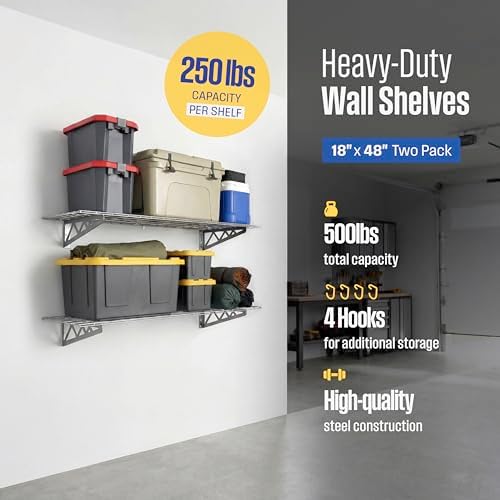 SafeRacks Steel Garage Wall Shelves 2-Pk w/Hooks, 500lb, Hammertone (18x48) - Image 2