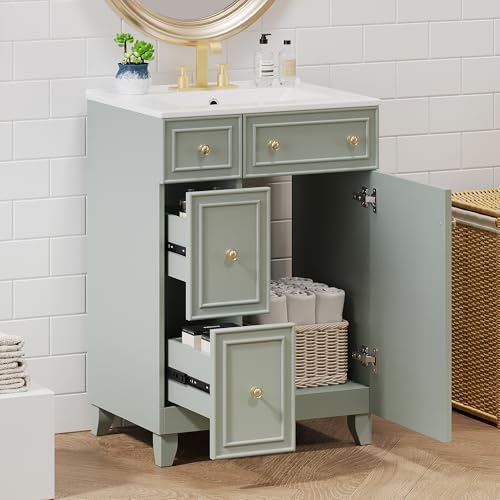 Harper & Bright Designs 24" Bathroom Vanity with Sink, Free Standing Single Basin Vanity Set with Two Drawers and One Door, Modern Solid Wood Bathroom Cabinet with Ceramic Basin for Bathroom, Green by HarperBrightDesigns