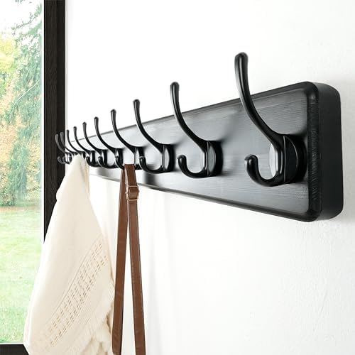Dseap Coat Rack Wall: 38-1/4" Long, Patented, Heavy-Duty, 10-Double-Hooks Wooden Wall Mounted Coat Rack Coat Hanger Hook Rail for Winter Coats Hat Jacket Clothing, Black - Image 5