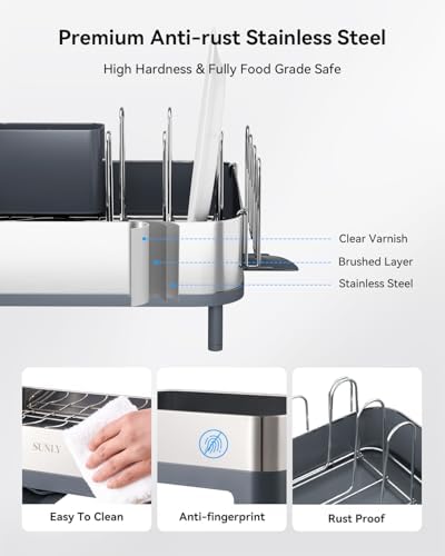 SUNLY Expandable Dish Drying Rack, Versatile Brackets for Pots & Pans, Space Saving Kitchen Drying Rack, Dish Racks for Kitchen Counter, Stainless Steel Dish Drainers with Extendable Spout, Gray - Image 4