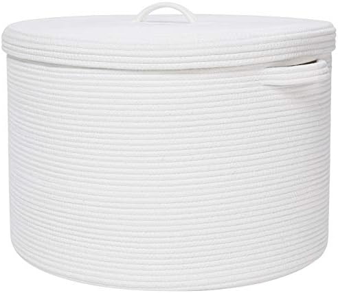 20x15 Inch Extra Large Round Cotton Rope Storage Basket with Lid, Decorative Woven Bin with Cover for Living Room Bedroom Closet, White by Cottonphant