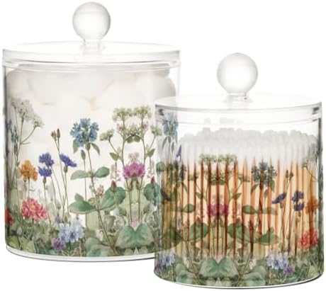 Wildflower Bloom Blue Qtip Holder Waterproof Dustproof Apothecary Jars with Lids For Bathroom Cotton Swabs Makeup Sponges Floss Picks Bath Salts 2 Pack - Image 2