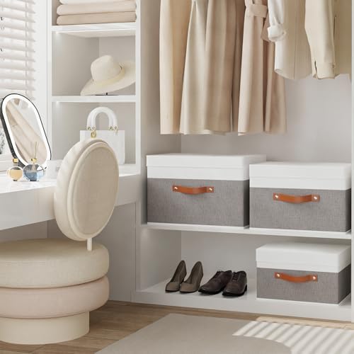 Storage Bins with Lids,White/Grey Baskets,5Pack,13x9.1x7.9In - Image 4