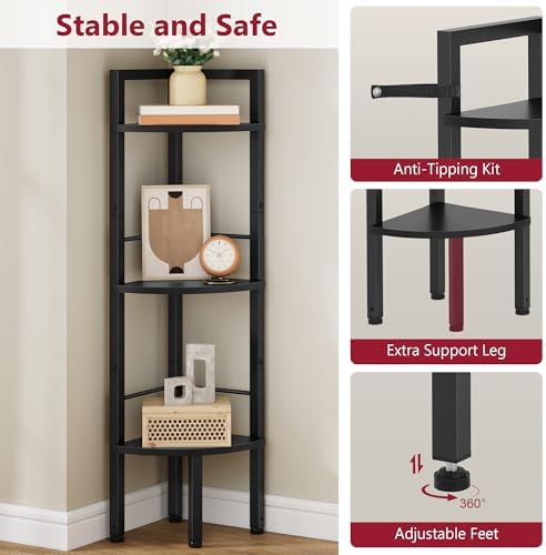Tajsoon Small Corner Shelf Stand 3 Tier 39.5" with Metal Frame, Black - Image 5