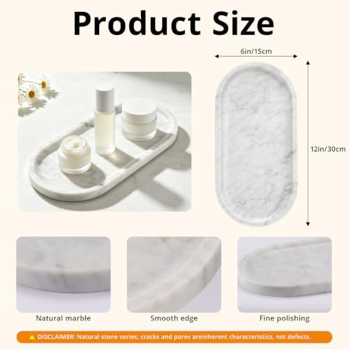 White Gray Oval Natural Marble Tray, 12"x6" Decorative Marble Bathroom Tray, Premium Marble Tray for Bathroom Counter Dresser Vanity Dish Holds Jewelry Perfume Keys Candles Trinkets - Image 2