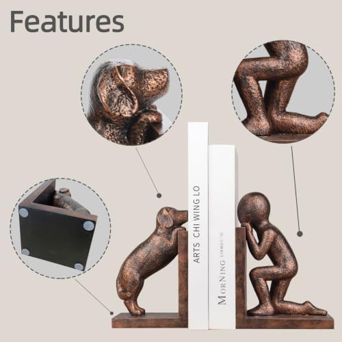 Decorative Bookends for Shelves, Human & Dog Antique Copper Resin Book Ends - Image 4