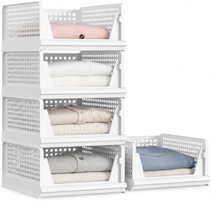 Proarea 5 Pack Stackable Storage Bins, Closet Organizers and Storage, Foldable Closet Organizer Baskets for Clothes, Plastic Drawer Bins for Closet Organization, Wardrobe Shelf, Laundry Room, White by Proarea