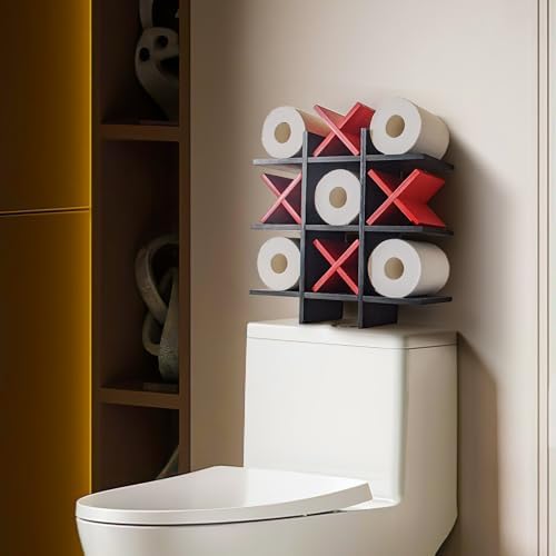 DAOYOUSKY Tic Tac Toe Toilet Paper Holder Stand with 4pcs Wooden X, Farmhouse Rustic Wall Mounted Funny Toilet Papers Storage Organizer with Shelf, Guest Bathroom Decor, Black and Red - Image 3