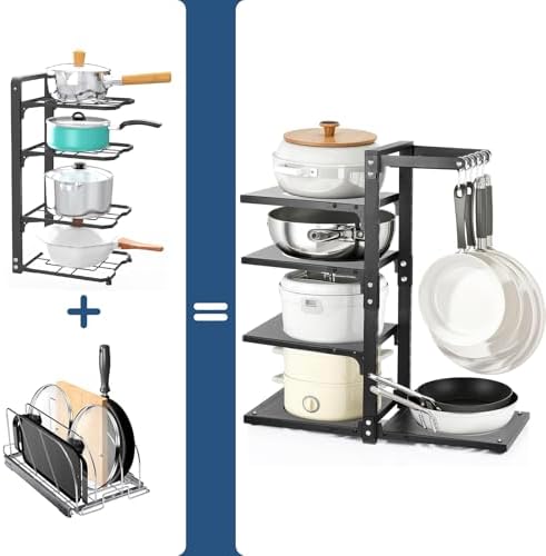 4-Tier Pot and Pan Organizer Rack, Adjustable Kitchen Cabinet Storage with Hooks, Black Metal, Space-Saving Cookware Holder - Image 2